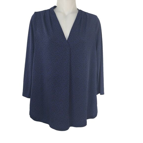 41 Hawthorn Woman’s Top Blouse Size Small Blue Black Polka Dot V Neck 3/4 Sleeve - Picture 1 of 9